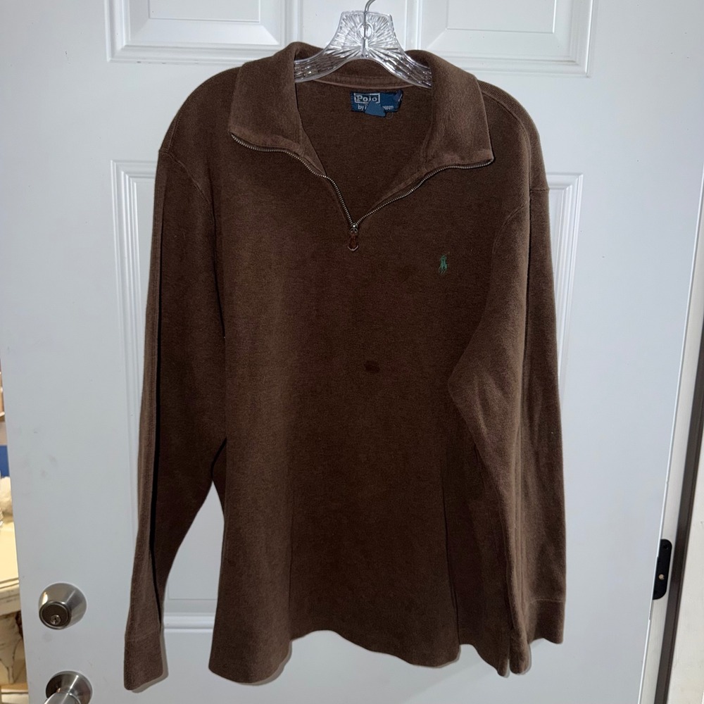Vtg Polo Ralph Lauren Mens XXL Brown 1/4 Zip Pullover Green Pony‎ Logo
